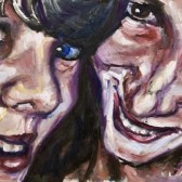 Two Girls, oil on board, 26x14, $300
