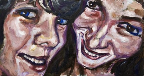 Two Girls, oil on board, 26x14, $300