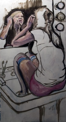 Val, in the sink. Oil painting by Nick Ward, work in progress.